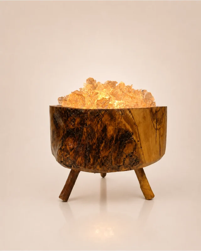 Olive Glow rock salt lamp with olive wood and Siwa salt crystals – W1