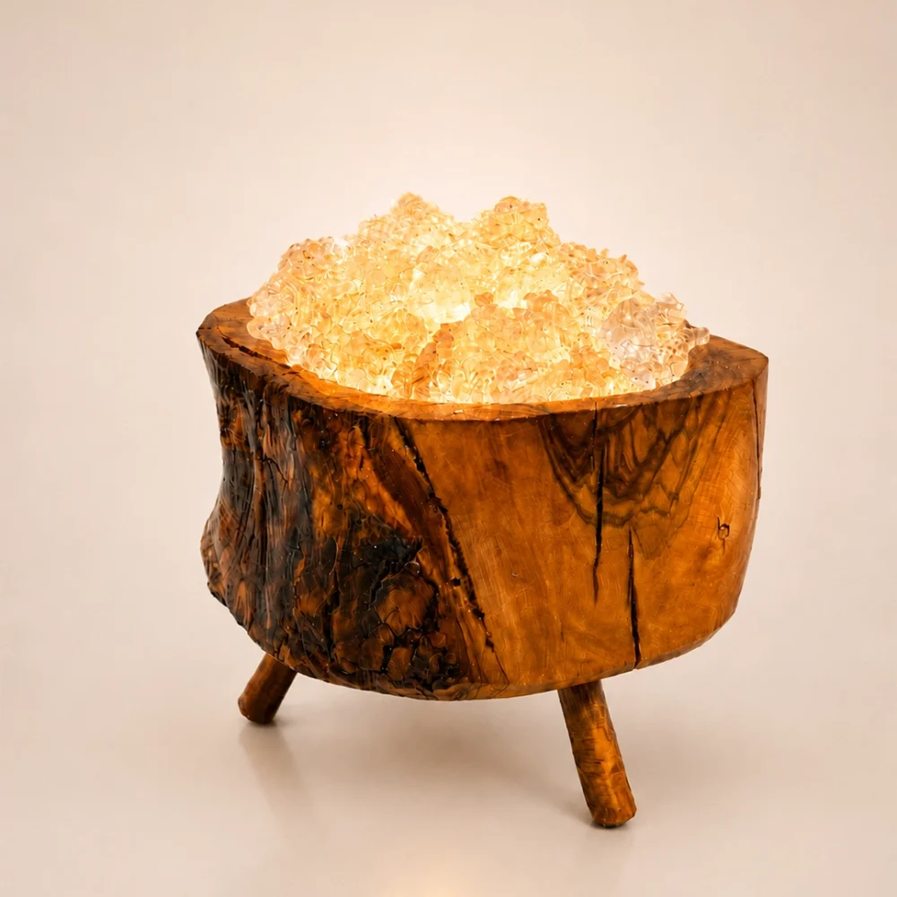 Olive Glow rock salt lamp with olive wood and Siwa salt crystals – W1