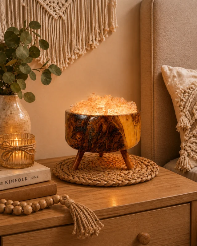 Olive Glow rock salt lamp with olive wood and Siwa salt crystals – W1