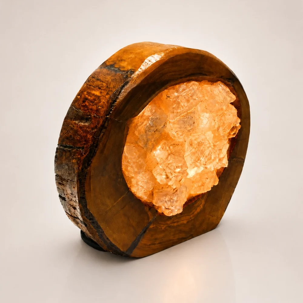 Olive Orbit rock salt lamp with olive wood and Siwa salt crystals – W10