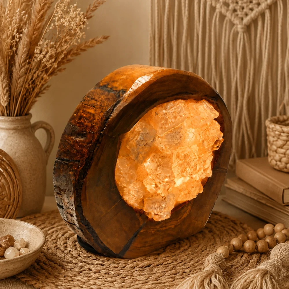 Olive Orbit rock salt lamp with olive wood and Siwa salt crystals – W10