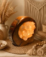 Olive Orbit rock salt lamp with olive wood and Siwa salt crystals – W10