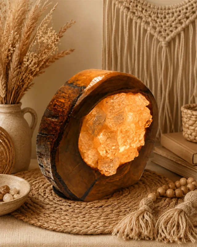 Olive Orbit rock salt lamp with olive wood and Siwa salt crystals – W10