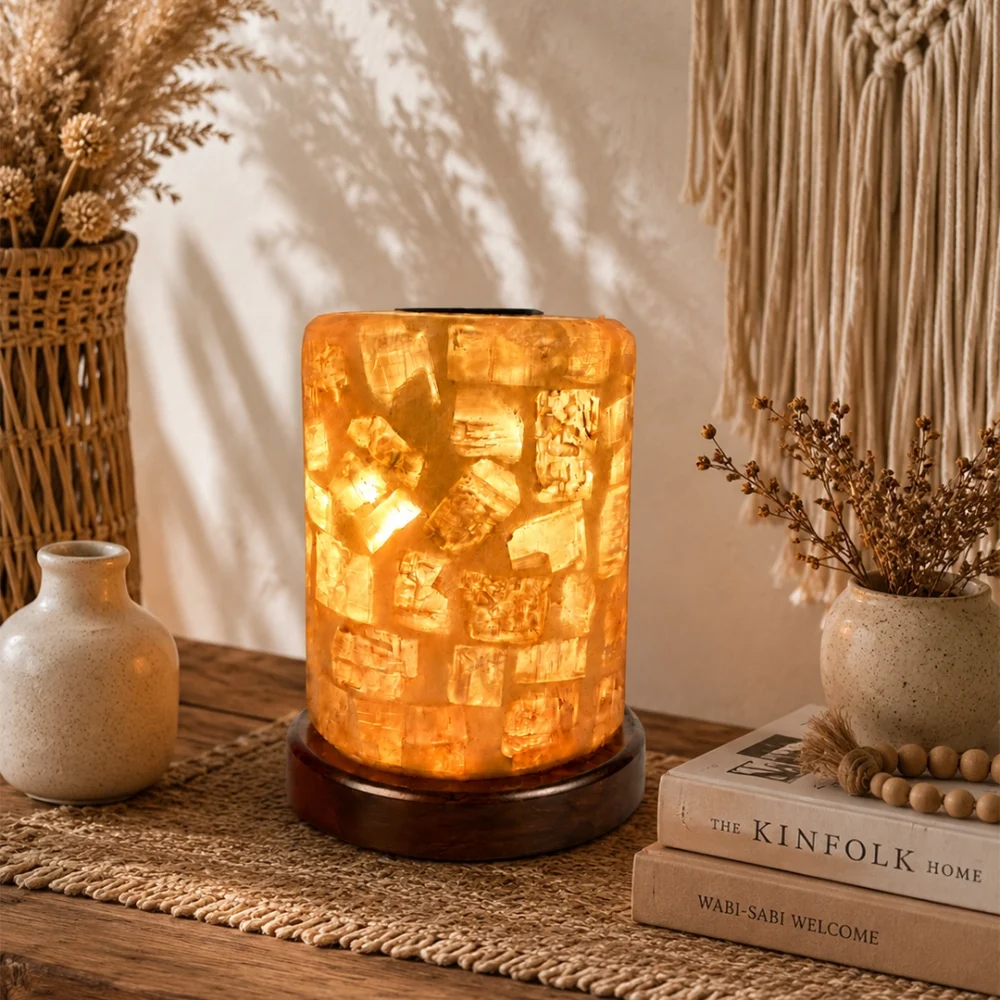 Light Mosaic rock salt lamp with olive wood and Siwa salt crystals – W2