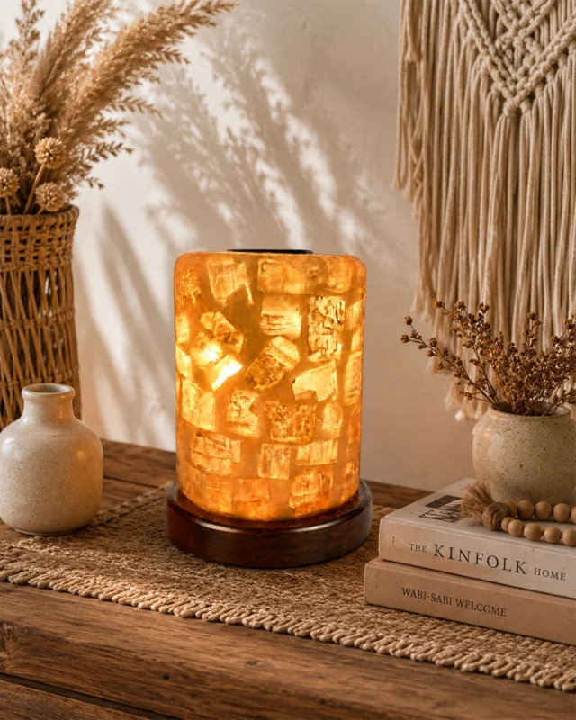 Light Mosaic rock salt lamp with olive wood and Siwa salt crystals – W2