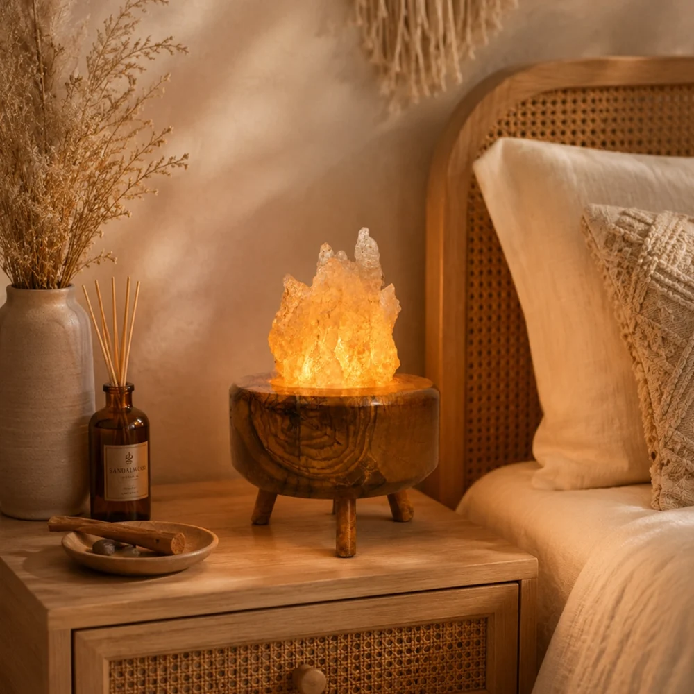 Olive Flame rock salt lamp with olive wood and Siwa salt crystals – W3
