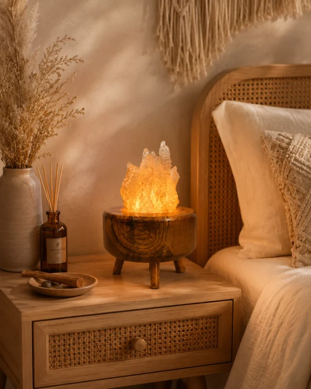 Olive Flame rock salt lamp with olive wood and Siwa salt crystals – W3