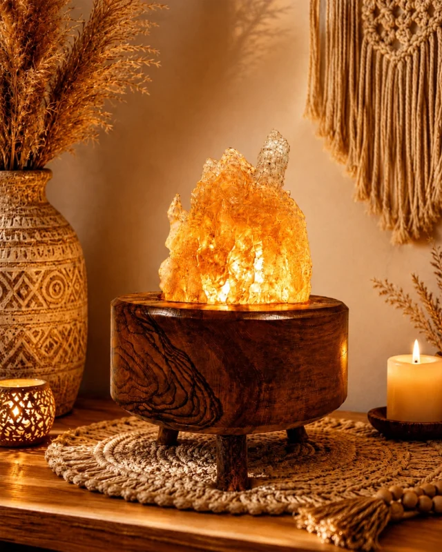 Olive Peaks rock salt lamp with olive wood and Siwa salt crystals – W4