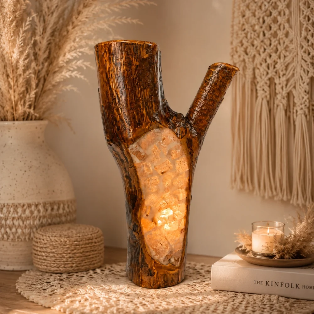 Branch of Light rock salt lamp with olive wood and Siwa salt crystals – W5