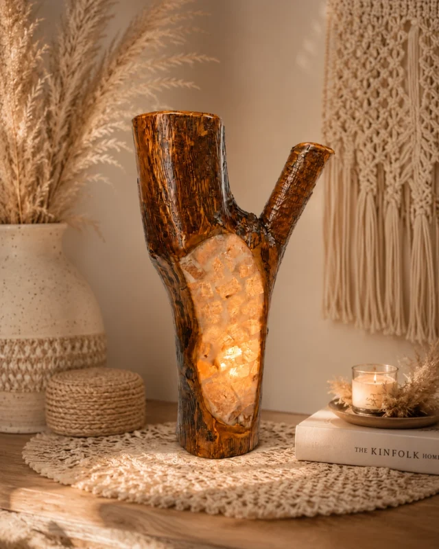 Branch of Light rock salt lamp with olive wood and Siwa salt crystals – W5