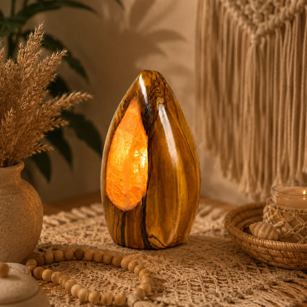 Olive Drop rock salt lamp with olive wood and Siwa salt crystals – W7