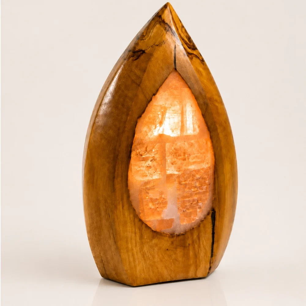Olive Leaf rock salt lamp with olive wood and Siwa salt crystals – W8