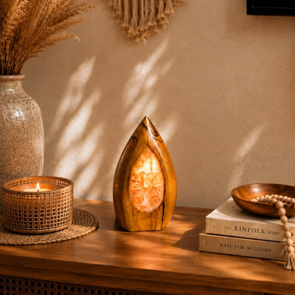Olive Leaf rock salt lamp with olive wood and Siwa salt crystals – W8