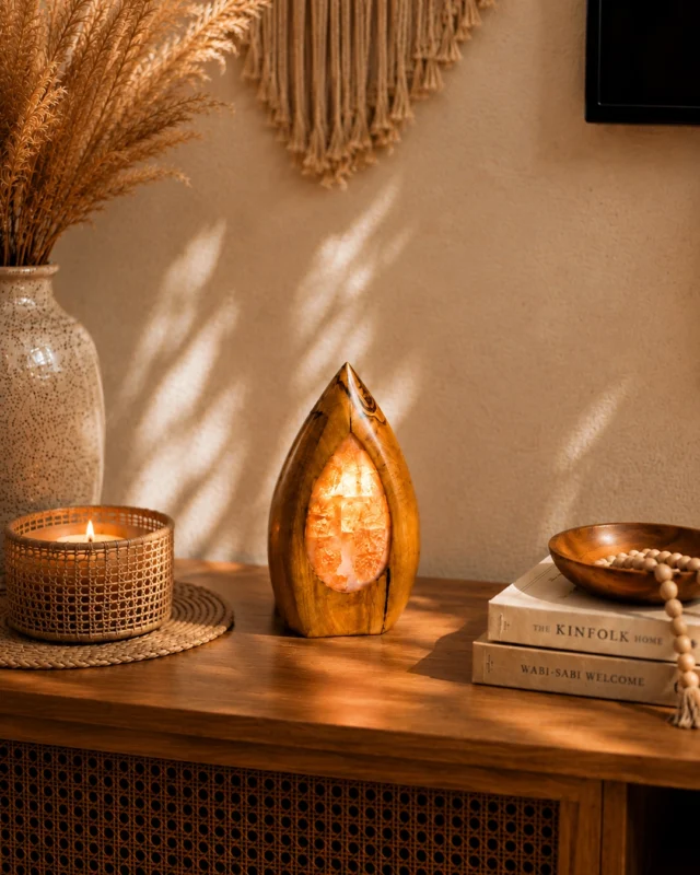 Olive Leaf rock salt lamp with olive wood and Siwa salt crystals – W8