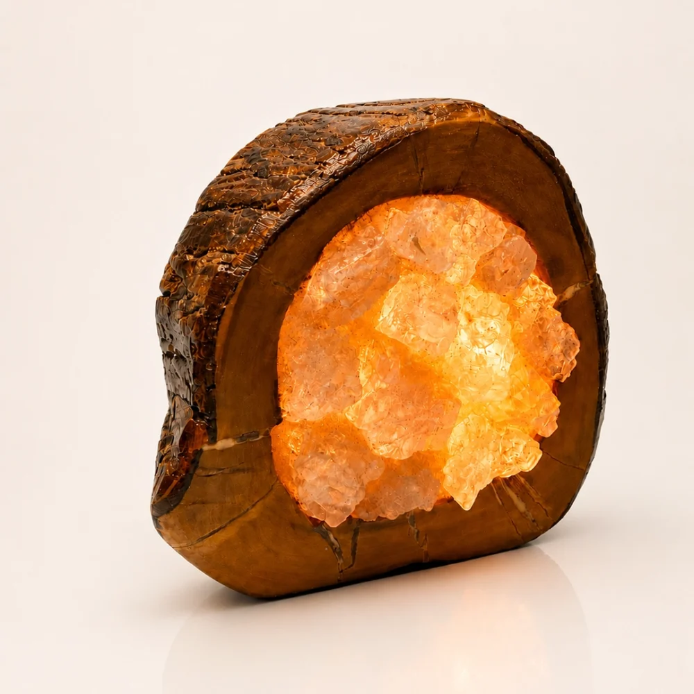 Olive Sun rock salt lamp with olive wood and Siwa salt crystals – W9