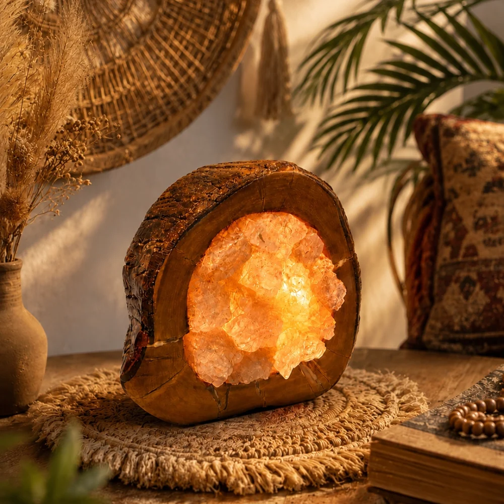 Olive Sun rock salt lamp with olive wood and Siwa salt crystals – W9