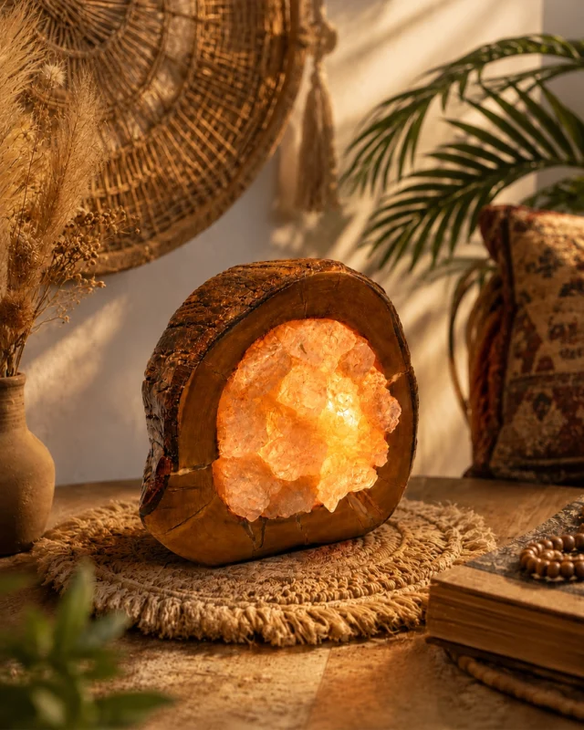 Olive Sun rock salt lamp with olive wood and Siwa salt crystals – W9